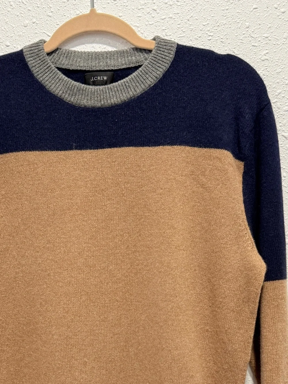J. Crew merino wool blend Men's Navy, Camel & Gray Blocked Crewneck Sweater M